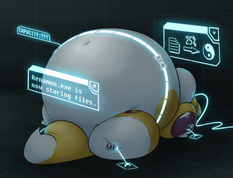 anthro belly belly_expansion big_belly big_breasts biped bound breast_expansion breasts claws digital_inflation expansion female fur huge_belly huge_breasts hyper hyper_belly hyper_breasts hyper_inflation inflation lying navel on_back solo submissive submissive_female tail text thick_tail thick_thighs toe_claws user_interface weight_gain white_body white_fur yellow_body yellow_fur zaphod bandai_namco digimon canid canine digimon_(species) mammal renamon digital_drawing_(artwork) digital_media_(artwork) hi_res