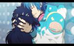 black_bars black_body black_fur blue_hair clothed clothing collar cuddling duo electronics eyes_closed feral fur hair headphones long_hair male nuzzling size_difference smile torao_asada dramatical_murder nitro+chiral aoba_seragaki ren_(dmmd) allmate canid canine canis domestic_dog human mammal 16:10 2012 letterbox official_art widescreen