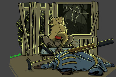 alternate_species ambiguous_gender ambiguous_penetrated anal anal_penetration animal_genitalia animal_penis anthro balls canine_genitalia canine_penis clothing duo erection fur furrification genitals gun knot male male/ambiguous male_penetrating male_penetrating_ambiguous nude penetration penis ranged_weapon rifle sex vault_suit weapon knotsosfw fallout microsoft raider_(fallout) the_sole_survivor_(fallout) bird_dog canid canine canis domestic_dog golden_retriever hunting_dog mammal retriever 3:2 absurd_res digital_media_(artwork) hi_res