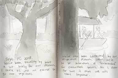 4_ears 4_eyes anthro boat canoe duo female forest journal journal_entry leaf male multi_ear multi_eye plant sitting text tree vehicle water watercraft whiskers tateoftot sabi_(tateoftot) alien felid human mammal 3:2 english_text hi_res monochrome sketch sketch_page