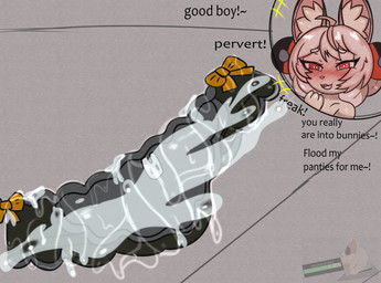 accessory anthro blush blush_lines bodily_fluids clothing cum cum_drip cum_on_panties dripping excessive_cum excessive_genital_fluids female genital_fluids good_boy hair hair_accessory motion_lines narrowed_eyes panties panty_shot praise short_hair simple_background smile smiling_at_viewer smug solo sweat sweatdrop teasing teasing_viewer text underwear miyang_draws! zhao_(zenless_zone_zero) humanoid lagomorph leporid mammal rabbit 2025 absurd_res colored english_text hi_res shaded signature