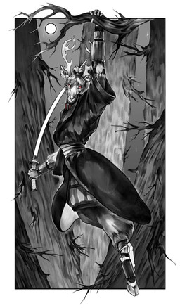 2_horns 3d_effect 5_fingers anthro antlers armor asian_clothing bangs big_antlers big_horn biped border bottomwear branch clothed clothing collar east_asian_clothing fingers forest forest_background front_view full_moon fully_clothed greyscale_background hair handwear hanging_by_arms hanging_from_branch holding_object holding_weapon hooves horn japanese_clothing katana kimono legwear looking_at_viewer male male_anthro melee_weapon moon mouth_closed nature nature_background night outside plant realistic_anthro red_collar red_eyes samurai samurai_armor sky solo star sword topwear tree uniform warrior weapon white_border dirty_whale gooddeer deer mammal new_world_deer reindeer absurd_res digital_media_(artwork) greyscale hi_res monochrome