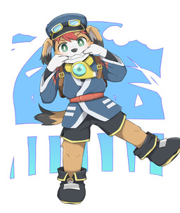 anthro backpack clenched_teeth clothed clothing countershading fangs fully_clothed green_eyes hand_in_mouth hat headgear headwear kemono looking_at_viewer male on_one_leg one_leg_up raised_leg solo standing teeth uniform whistle_(object) young young_anthro young_male kemoizumi cyberconnect2 little_tail_bronx mamoru-kun_(series) mamoru-kun canid canine caninu canis domestic_dog mammal 2024 hi_res japanese_description