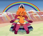 anthro fur hair long_hair male mountain multicolored_hair orange_body orange_fur rainbow rainbow_hair red_body red_fur slightly_chubby smile snow solo_focus thick_thighs yellow_eyes commonbleat canid canine fox mammal hi_res