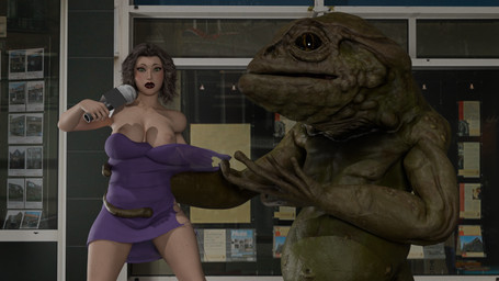 anthro assisted_exposure big_breasts breasts duo electronics female male microphone nipples reporter nyxakira amphibian frog human mammal monster 16:9 3d_(artwork) digital_media_(artwork) hi_res widescreen