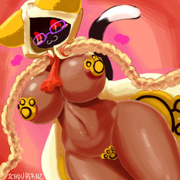 :3 abstract_background areola areola_slip big_breasts black_tail blush blush_stickers braided_hair breasts brown_areola brown_body brown_breasts brown_skin clothing dipstick_tail eyewear female female_humanoid glasses glistening glistening_breasts glistening_legs glistening_thighs hair half-closed_eyes heart_symbol hoodie huge_breasts maebari markings mostly_nude_female mostly_nude_humanoid narrowed_eyes navel pasties pigtails pink_blush purple_eyewear purple_glasses purple_heart red_eyes shadow_face smile solo tail tail_markings tan_clothing tan_hair tan_hoodie tan_topwear text thick_thighs topwear twin_braids wearing_glasses white_tail_tip white_text wide_hipped_female wide_hipped_humanoid wide_hips yellow_pasties ichduhernz arc_system_works blazblue taokaka animal_humanoid cat_humanoid felid felid_humanoid feline feline_humanoid humanoid kaka_(blazblue) mammal mammal_humanoid 1:1 2020 artist_name digital_media_(artwork) hi_res painting_(artwork) shaded watermark