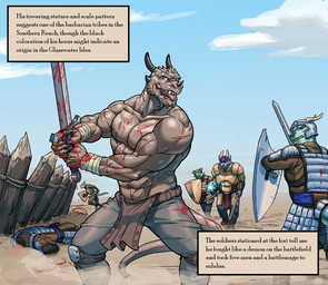 abs anthro balls biceps big_balls big_muscles big_penis biped blood bodily_fluids bottomwear brown_body brown_bottomwear brown_clothing brown_loincloth brown_scales clothed clothing decapitation fight genitals gore grey_bottomwear grey_clothing grey_pants group holding_melee_weapon holding_object holding_sword holding_weapon loincloth magic male melee_weapon muscular muscular_anthro muscular_male pants penis scales shield solo_focus sword text topless topless_anthro topless_male weapon berububs scalie 2018 english_text