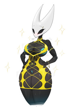 4_fingers anthro areola big_breasts black_body blue_areola blue_vulva bodily_fluids breasts clitoral_hood_piercing clothing dress eyebrow_piercing eyelashes facial_piercing female fingers genital_fluids genital_piercing genitals heart_symbol ineffective_clothing mask piercing simple_background sweat thick_thighs vaginal_fluids vulva white_background yellow_clothing yellow_dress bwydxm hollow_knight_(franchise) team_cherry hornet_(hollow_knight) arthropod hi_res portrait three-quarter_portrait