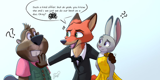 4_fingers anthro black_nose breasts brown_body buckteeth clothed clothed_anthro clothed_female clothed_male clothing confusion dialogue dress emanata female female_anthro fingers frustration_cloud fur gloves_(marking) green_eyes grey_body grey_fur group humanoid_hands interspecies jealous larger_male leg_markings looking_at_another male male/female male_anthro markings multicolored_body multicolored_fur pink_nose possessive purple_eyes red_body red_fur size_difference smile socks_(marking) speech_bubble standing suit tail teeth text topwear trio two_tone_body two_tone_fur vest white_body white_fur isaal_suli disney zootopia judy_hopps nibbles_maplestick nick_wilde beaver canid canine european_rabbit fox lagomorph leporid mammal oryctolagus rabbit red_fox rodent true_fox absurd_res english_text hi_res signature