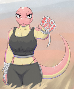 aggressive anthro biped black_bottomwear black_clothing black_crop_top black_panties black_pants black_shirt black_topwear black_underwear blood bodily_fluids bottomwear breasts clothing crop_top female fingers fist front_view gradient_background hand_wraps humanoid_hands midriff non-mammal_breasts panties pants pink_body shirt simple_background smile smirk solo standing sweat sweatdrop tail tan_body topwear underwear wraps mike_jeb linda_(mike_jeb) lizard reptile scalie 2025 colored hi_res portrait shaded three-quarter_portrait