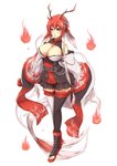 big_breasts breasts cleavage clothed clothing dress female fire hair legwear red_hair simple_background solo thigh_highs packge mythology animal_humanoid dragon dragon_humanoid humanoid mythological_creature mythological_scalie scalie hi_res