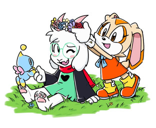 anthro blue_body blue_ribbon blue_skin clothing dress female flower flower_crown fur group horn looking_at_viewer male one_eye_closed pink_horn plant red_scarf scarf tan_body tan_fur trio white_body white_fur wink winking_at_viewer lynaems deltarune sega sonic_the_hedgehog_(series) undertale_(series) cheese_the_chao cream_the_rabbit ralsei boss_monster_(undertale) bovid caprine chao_(sonic) goat lagomorph leporid mammal rabbit digital_drawing_(artwork) digital_media_(artwork) hi_res