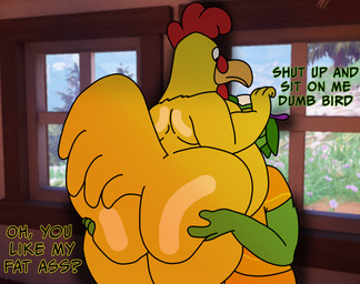 against_surface aggressive anthro beak big_butt black_eyes bubble_butt butt dialogue duo face_on_chest feathers green_body hand_on_butt huge_butt insult_of_endearment looking_at_another looking_at_partner male male/male rear_view size_difference tail teasing text yellow_body yellow_feathers vandoughy epic_games family_guy fortnite fortnite:_battle_royale ernie_the_giant_chicken ziggy_(fortnite) avian bird chameleon chicken galliform lizard phasianid reptile scalie 2025 digital_media_(artwork) english_text hi_res