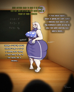 anthro blush bodily_fluids chalkboard classroom clothed clothing dialogue discomfort fart female fully_clothed group offscreen_character public robe rumbling_stomach school solo_focus sweat teacher text toby_art undertale undertale_(series) toriel boss_monster_(undertale) bovid caprine goat mammal 2022 comic english_text