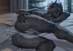 anthro beak bed biped bird_legs black_beak black_body black_feathers black_pussy blue_body blue_feathers breasts butt cheek_tuft chest_tuft claws depth_of_field detailed_background facial_tuft feathers female finger_claws furniture genitals hand_on_butt hand_on_own_butt humanoid_genitalia humanoid_pussy innie_pussy inside looking_at_viewer lying multicolored_body multicolored_feathers neck_tuft non-mammal_breasts on_bed on_side presenting presenting_hindquarters pussy scuted_arms scuted_legs scutes solo spread_butt spreading tail tail_feathers tuft underfluffies white_body white_feathers honovy kyril_magnus avian bird corvid magpie_(corvid) oscine passerine 2024 colored digital_drawing_(artwork) digital_media_(artwork) portrait three-quarter_portrait