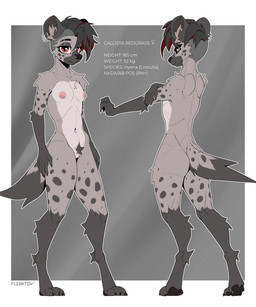 anthro breasts ear_piercing eyebrow_piercing facial_piercing female genitals humanoid_genitalia humanoid_vulva looking_at_viewer nipple_piercing nipples nose_piercing piercing small_breasts solo vulva flightov callista_redgrave hyena mammal 5:6 absurd_res hi_res model_sheet