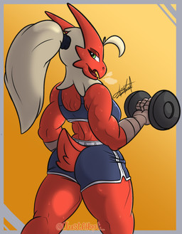 anthro beak bodily_fluids breasts butt clothing crop_top exercise exercise_clothing female green_eyes looking_at_viewer medium_breasts medium_butt muscular rear_view red_body shirt simple_background solo strong_female sweat topwear tkho nintendo pokemon avian blaziken generation_3_pokemon pokemon_(species) absurd_res hi_res