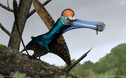 ambiguous_gender beak blue_beak duo feral folded_wings fur green_body green_fur perching plant preying red_crest text tree wings thaasviyn mammal prehistoric_species pterosaur reptile scalie 16:10 absurd_res english_text hi_res huge_filesize widescreen