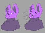 anthro big_breasts black_clothing black_inner_ear black_nose black_sweater black_topwear blush blush_lines breasts cheek_tuft closed_smile clothed clothing dialogue empty_eyes eyelashes facial_tuft fangs female fur fur_tuft grey_background head_tuft mouth_closed open_mouth open_smile profanity purple_body purple_fur purple_tongue simple_background smile solo sweater teeth text tongue topwear tuft latchk3y plum_(latchk3y) bat mammal 2024 colored_sketch digital_media_(artwork) english_text sketch