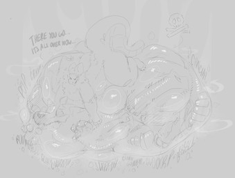 anthro belly big_belly big_butt big_tail butt death dialogue duo eyes_closed fatal_vore helpless huge_belly hyper hyper_belly machine male male/male onomatopoeia size_difference smaller_pred sound_effects tail text tongue tongue_out vore nathygutter nathyness protogen absurd_res hi_res monochrome