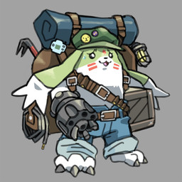 ammo_belt anthro backpack belt bottomwear box claws clothing container crate denim denim_bottomwear denim_clothing facial_markings gun_arm hat head_markings headgear headwear jeans long_ears male markings pants shirtless solo weapon_arm dry_designs bandai_namco digimon digimon_(species) gargomon 1:1 hi_res