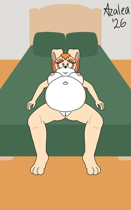 anthro bed belly big_belly breasts female fur furniture genitals navel nipples nude on_bed pregnant solo tan_body tan_fur vulva white_body white_fur flamingazalea sega sonic_the_hedgehog_(series) vanilla_the_rabbit lagomorph leporid mammal rabbit 5:8 digital_media_(artwork) hi_res