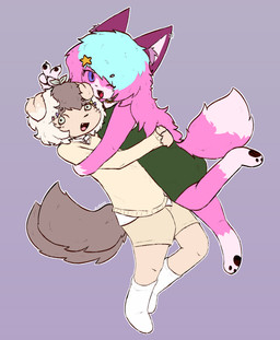 2_tails accessory anthro blue_hair brown_hair carrying_another carrying_partner clothed clothing contact_lenses dress duo ear_piercing ear_ring fangs female floppy_ears footwear freckled_face freckles fur gesture green_clothing green_dress green_eyes hair hair_accessory hairclip hand_gesture happy highlights_(coloring) holding_partner hug jewelry larger_female looking_at_viewer male male/female multi_tail multicolored_hair necklace pawpads paws piercing pink_body pink_fur pink_hair plant plant_hair pseudo_hair purple_eyes ring_piercing romantic romantic_couple shirt size_difference smaller_male socks sprout_(plant) sprout_hair star star_symbol sweater tail tall teeth topwear two_tone_hair v_sign white_clothing white_footwear white_shirt white_socks white_topwear yellow_clothing yellow_jewelry yellow_necklace yellow_sweater yellow_topwear cakemeowdy matthew_(beatenpuppy) pesi_(cakemeowdy) canid canine canis domestic_dog fox mammal 2025 colored digital_drawing_(artwork) digital_media_(artwork) flat_colors hi_res signature