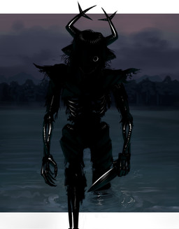 anthro antlers black_body bone border clothing creepy detailed_background exposed_bone exposed_rib_cage female hair hair_over_eye holding_knife holding_object horn knife lake partially_submerged rib_cage skeletal skeletal_arm solo torn_clothing water white_border kaprettino deltarune undertale_(series) roaring_knight 2026 digital_media_(artwork) hi_res