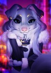 2021 absurd_res anthro blue_eyes blurred_background canid canine canis clothed clothing collar digital_media_(artwork) domestic_dog ear_piercing ear_ring female fur hi_res mammal piercing pink_nose ring_piercing smile solo wayn_animation white_body white_fur