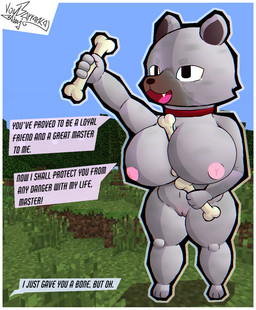 anthro areola big_breasts bodily_fluids bone breasts collar crying cute_fangs dialogue fangs female fur genitals grey_body grey_fur nipples nude open_mouth outline red_collar smile solo speech_bubble tears tears_of_joy teeth text thick_thighs vulva wide_hips voy_barranca_abajo microsoft minecraft mojang xbox_game_studios canid canine canis mammal pale_wolf_(minecraft) wolf wolf_(minecraft) digital_media_(artwork) english_text full-length_portrait portrait