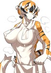 after_shower anthro arknights aspirindabaitu big_breasts black_hair blonde_hair breasts chestnut_mouth convenient_censorship felid female front_view hair hypergryph looking_aside looking_at_viewer mammal muscular muscular_anthro muscular_female navel nude pantherine short_hair simple_background solo steam stripes studio_montagne tiger towel towel_around_neck waaifu_(arknights) wet white_background white_body white_hair yellow_body yellow_eyes