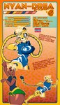 animal_print anthro blonde_hair bottomwear character_description clothing dark_body dark_skin dreadlocks fangs female flag flag_(object) fur gesture hair hand_gesture hotpants leotard markings one_eye_closed pixie_cut shorts solo spots spotted_body spotted_fur star_pupils superhero superhero_costume tail teeth thick_thighs tongue tongue_out v_sign wink yellow_body yellow_fur yalen-the-untaggable nyandrea cheetah felid feline human mammal absurd_res hi_res model_sheet signature