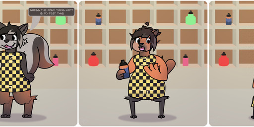 anthro blush checkered checkered_clothing clothing dress duo mental_transformation pattern_clothing perfume perfume_bottle public public_transformation skunk_tail species_transformation standing store three_frame_sequence transformation transformation_sequence twinning juicyberta roberta_puddin_(epsipep) avian bird kakapo mammal mephitid parrot skunk strigopoid absurd_res hi_res