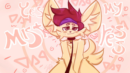 anthro arms_at_sides bell bell_collar black_collar black_leash blush bodily_fluids brown_eyes cheek_blush collar curled_tail fluffy_body fur hair half-closed_eyes handpaw head_tuft heart_symbol leash looking_at_viewer male male_anthro mouth_closed multicolored_hair narrowed_eyes pattern_background paws pink_background purple_hair red_hair simple_background sitting smile solo submissive sweat sweatdrop tail text tuft yellow_body yellow_fur spaidynator spaidynator_(character) canid canine fennec_fox fox mammal true_fox 16:9 colored digital_media_(artwork) english_text handwritten_text hi_res signature widescreen
