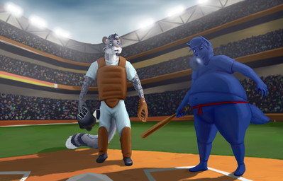anthro armor audience baseball_(sport) baseball_base baseball_bat baseball_cap baseball_glove baseball_uniform bat_(object) batting_helmet belly belly_expansion belly_inflation black_hair blowing_bubble_gum blue_body blue_fur blueberry_inflation bubble_gum candy clothed clothing crowd dessert detailed_background duo_focus expansion exposed_belly facial_hair food fur furgonomic_headwear furgonomics goatee grey_body grey_fur group gum hair hat headgear headwear helmet holding_armor holding_bat holding_headgear holding_helmet holding_object inflation looking_at_another looking_down looking_down_at_self male markings navel open_mouth outside sport sportswear spots spotted_body spotted_fur stadium standing surprised umpire uniform white_body white_fur lemurlemurovich canid canine canis felid mammal pantherine snow_leopard wolf 2020 hi_res