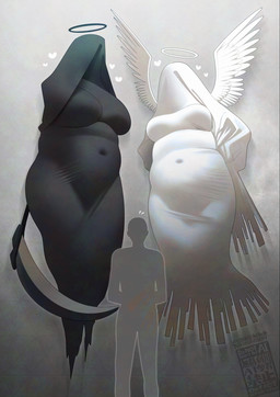 ambiguous_gender big_breasts black_clothing breasts clothing feathered_wings feathers female front_view grey_background group halo heart_symbol larger_female melee_weapon navel_outline overweight overweight_female polearm scythe simple_background size_difference thick_thighs trio weapon white_body white_clothing white_feathers wide_hips wings tsukinoura0817 death_(personification) grim_reaper angel animate_inanimate human humanoid living_clothing mammal winged_humanoid hi_res