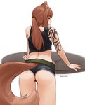 animal_ears blush bottomwear brown_body brown_fur brown_hair butt clothing cosplay daisy_dukes denim denim_bottomwear denim_clothing denim_shorts female fur gun hair handgun hotpants leaning_on_table long_hair pistol ponytail ranged_weapon rear_view red_eyes shirt shorts simple_background smile solo standing tail tank_top tattoo tied_hair topwear weapon white_background seraziel black_lagoon spice_and_wolf holo_(spice_and_wolf) revy_(black_lagoon) animal_humanoid canid canid_humanoid canine canine_humanoid humanoid mammal mammal_humanoid tailed_humanoid wolf_humanoid digital_media_(artwork) hi_res shaded