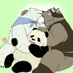 anthro black_body black_eyes black_nose blush brown_body group hug kemono kissing overweight paws sitting white_body conoji shirokuma_cafe grizzly_(shirokuma_cafe) panda-kun shirokuma bear brown_bear giant_panda grizzly_bear mammal ursine 1:1 2013