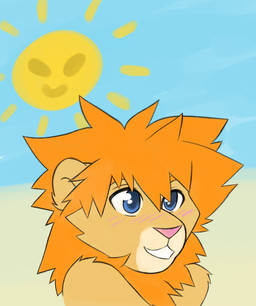 anthro blue_eyes cheek_tuft clothed clothing facial_tuft fur grin hair happy male mane orange_hair orange_mane outside simple_background sky smile solo sun tan_body tan_fur topless tuft yellow_body yellow_fur emmycrew scratch21 matt_(scratch21) felid lion mammal pantherine 2019 digital_drawing_(artwork) digital_media_(artwork) hi_res