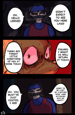 anthro bodily_fluids clothed clothing dialogue duo female greeting male speech_bubble sweat text yellow_eyes brradett lernie_(brradett) human mammal scalie absurd_res colored comic digital_media_(artwork) english_text hi_res
