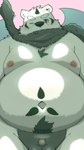 anthro balls_outline belly big_belly blush bulge detailed_bulge genital_outline horn kemono male moobs navel nipples one_eye_closed overweight overweight_male penis_outline scarf solo menmen_kesinn bear mammal 2023 9:16 hi_res