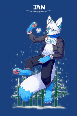 anthro black_bottomwear black_clothing black_nose black_pants black_topwear blue_body blue_ears blue_eyes blue_fur blue_tail bottomwear cheek_tuft claws closed_smile clothed clothing dipstick_tail facial_tuft front_view fur hair inner_ear_fluff male markings mouth_closed pants pawpads pink_pawpads simple_background smile solo tail tail_markings topwear tuft unsigned white_body white_claws white_clothing white_fur white_hair white_inner_ear_fluff white_tail white_topwear asnnonaka canid mammal full-length_portrait portrait