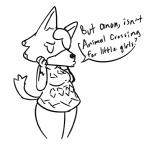 anthro clothing eyes_closed female solo sweater text topwear cooltime-fooltime animal_crossing nintendo skye_(animal_crossing) canid canine canis mammal wolf english_text monochrome