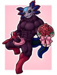 anthro bodily_fluids bouquet dick_in_a_box erection genital_fluids genitals giving_flower holidays male nude_male penis precum smile smiling_at_viewer solo altenusy epic_games fortnite valentine's_day axo_(fortnite) amphibian axolotl marine mole_salamander salamander