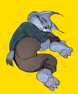 anthro bottomwear butt clothing feet low-angle_view lying male pants pawpads paws simple_background solo spread_legs spreading sweater topwear worm's-eye_view yellow_background hjdoak disney zootopia pawbert_lynxley canada_lynx felid feline lynx mammal 5:6 hi_res