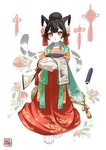 4_toes 5_fingers anthro asian_clothing black_hair breasts chinese_clothing clothed clothing east_asian_clothing feet female fingers hair hanfu orange_eyes solo toes kawarage_yatano felid mammal pantherine tiger 2022 digital_media_(artwork) hi_res