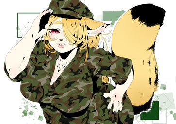 black_body black_fur breasts camo camo_clothing camo_headgear camo_headwear camo_print camo_topwear cleavage clothed clothing dipstick_tail female fur hair hair_over_eye hand_on_hip headgear headwear looking_at_viewer markings mole_(marking) mole_under_eye multicolored_tail one_eye_obstructed pattern_clothing pattern_headgear pattern_headwear pattern_topwear red_eyes solo tail tail_markings topwear sirn_0121 mammal 2019 absurd_res hi_res