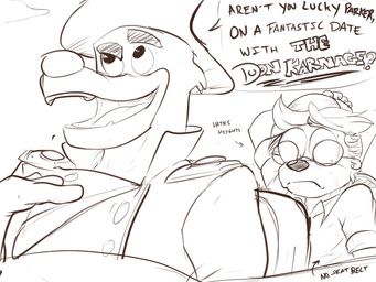 anthro claws clothing cloud date duo eyebrows eyewear flying glasses hand_on_head male male/male raised_eyebrow simple_background smile suit text pandottermon disney talespin don_karnage parker_(pandottermon) mammal mustelid otter black_and_white hi_res monochrome sketch