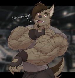 anthro arm_tuft big_muscles blurred_background bottomwear brown_body brown_fur brown_hair bulge claws clothing dialogue elbow_tuft facial_hair fingerless_gloves fur gloves goatee grey_clothing grey_shirt grey_topwear gym hair hand_on_shoulder handwear huge_muscles hyper_biceps long_hair male mohawk muscle_tone muscular muscular_arms muscular_male pose red_eyes rolled_up_sleeves shirt shorts solo striated_muscles tail text tight_clothing topwear tuft vein veiny_muscles kaioat russell_carmine canid canine canis coyote mammal hi_res
