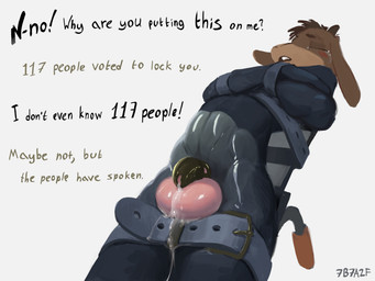 anal_beads anthro balls bdsm big_balls black_chastity_cage bodily_fluids bound brown_body brown_fur chastity_cage chastity_device clothing dripping edging femboy fur genital_fluids genitals latex latex_clothing latex_skinsuit leaking_precum male precum precum_drip questionable_consent restraints sex_toy simple_background skinsuit solo straitjacket submissive submissive_anthro submissive_male tears text tight_clothing white_background 7b7a2f bovid caprine goat mammal absurd_res english_text hi_res